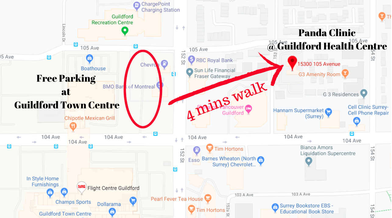 free parking map for panda clinic Guildford Surrey location