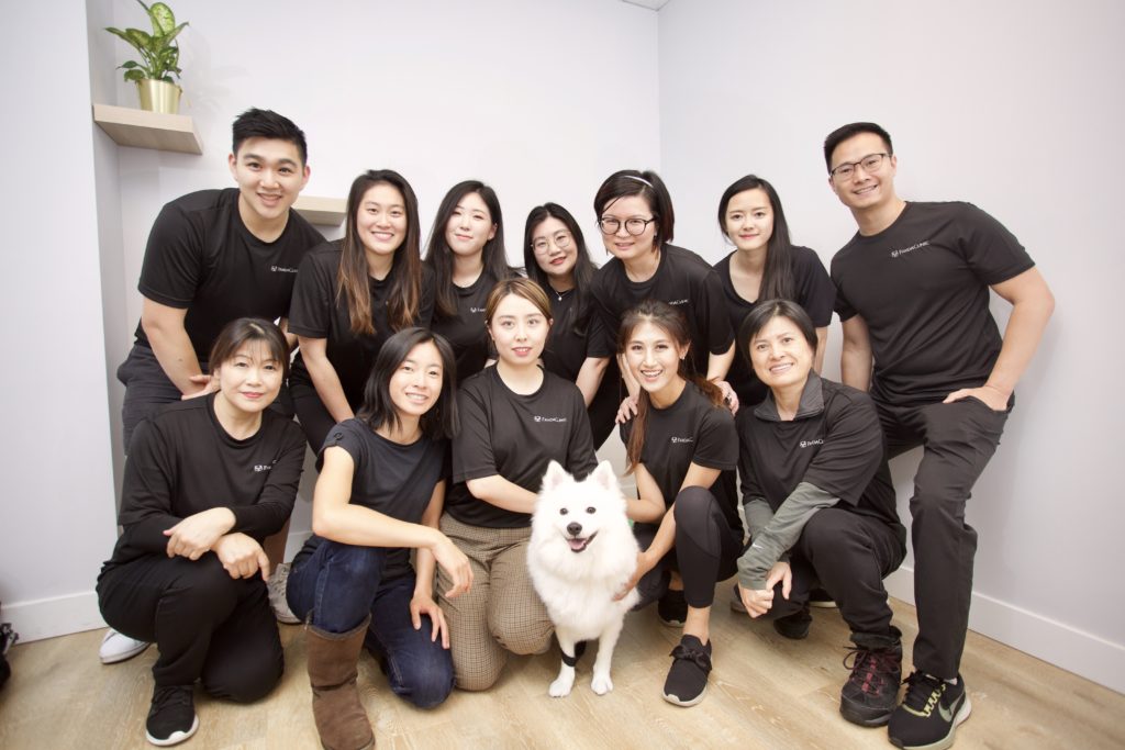 Your Trusted RMT Experts in Metrotown Burnaby – Panda Clinic Team Group photo of the Panda Clinic RMT Metrotown team featuring 13 smiling registered massage therapists dressed in matching black uniforms, gathered in a bright, modern clinic space with a white fluffy dog in the center. The team poses warmly against a light-colored wall and wooden floor, showcasing a friendly and professional wellness environment.