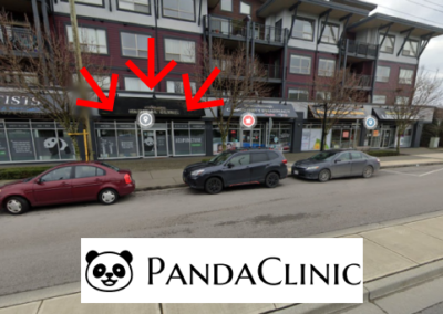 Side angled street view of entrance to Panda Clinic in Queensborough New Westminster