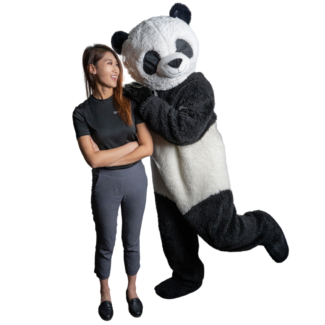 Front shot of elma and panda posing together