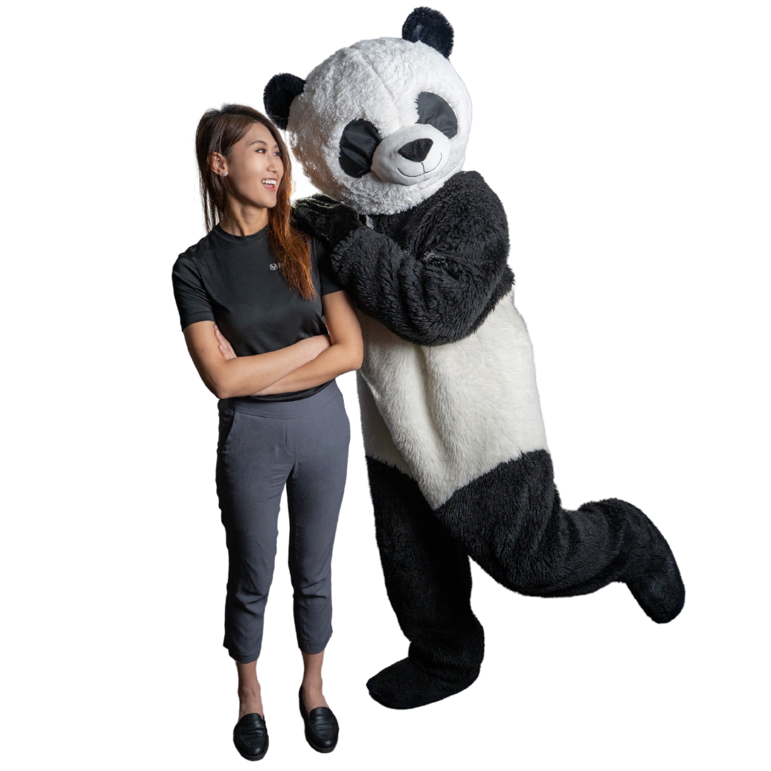 Front shot of elma and panda posing together