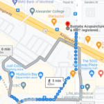 top down shot of google maps showing 5 minute walking time from metrotown to panda clinic