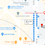 top down shot of google maps showing 5 minute walking time from metrotown to panda clinic