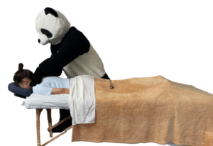 Side shot of panda giving massage to woman lying down on table