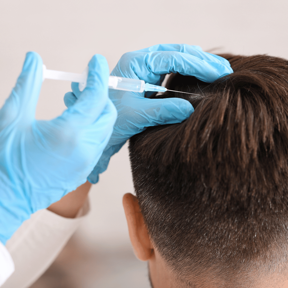 This photo shows the back of a person's head while they are getting PRP therapy. The person's hair is short and brown. A doctor's hand, wearing a light blue glove, is giving the treatment with a syringe. PRP therapy is a special treatment where a part of the blood called platelets is used to help the body heal. The picture is very clear and shows how the doctor carefully does the treatment. People get PRP therapy for different reasons, and this person is having it done probably to help their hair grow better or heal. The background is light-colored and blurry, so we focus on the treatment. This is how PRP therapy looks like in action.