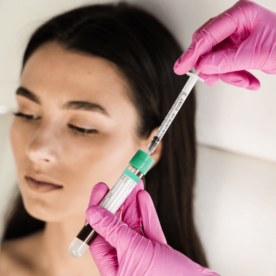 Here we see a woman with her eyes closed and a hand in pink gloves holding a syringe above her face. The syringe is getting ready to do a PRP therapy treatment. PRP therapy uses the healing parts of your own blood to make you feel better. The syringe has a green cap and clear markings on it, and it looks like it's filled with a clear liquid. The woman has long dark hair and looks calm. The pink gloves tell us that the person with the syringe knows how to do this special treatment safely. Everything behind the woman is white and soft, which makes us look at the syringe and the treatment. This is what it looks like when someone gets PRP therapy for their skin.