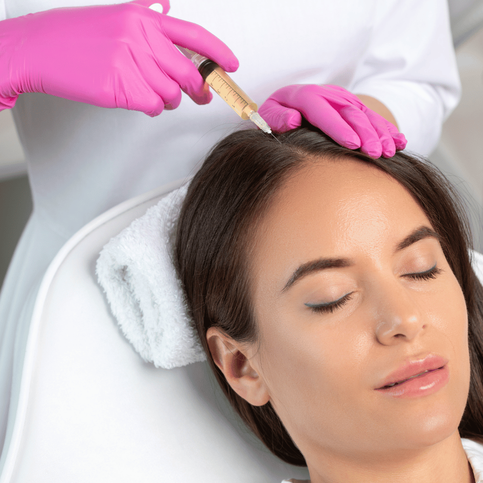 A woman is lying down with her eyes closed, looking relaxed. She has a white headband on, and her dark hair is pulled back. Someone in a white coat with pink gloves is giving her a treatment on her scalp. The person is using a syringe filled with a yellowish substance, which is probably PRP, or Platelet-Rich Plasma. PRP therapy is a way to help the body heal or to make the hair on the head look better. The pink gloves are bright, and the syringe is being held carefully over the woman's head. The room looks clean and bright, which is just right for a medical treatment like this.