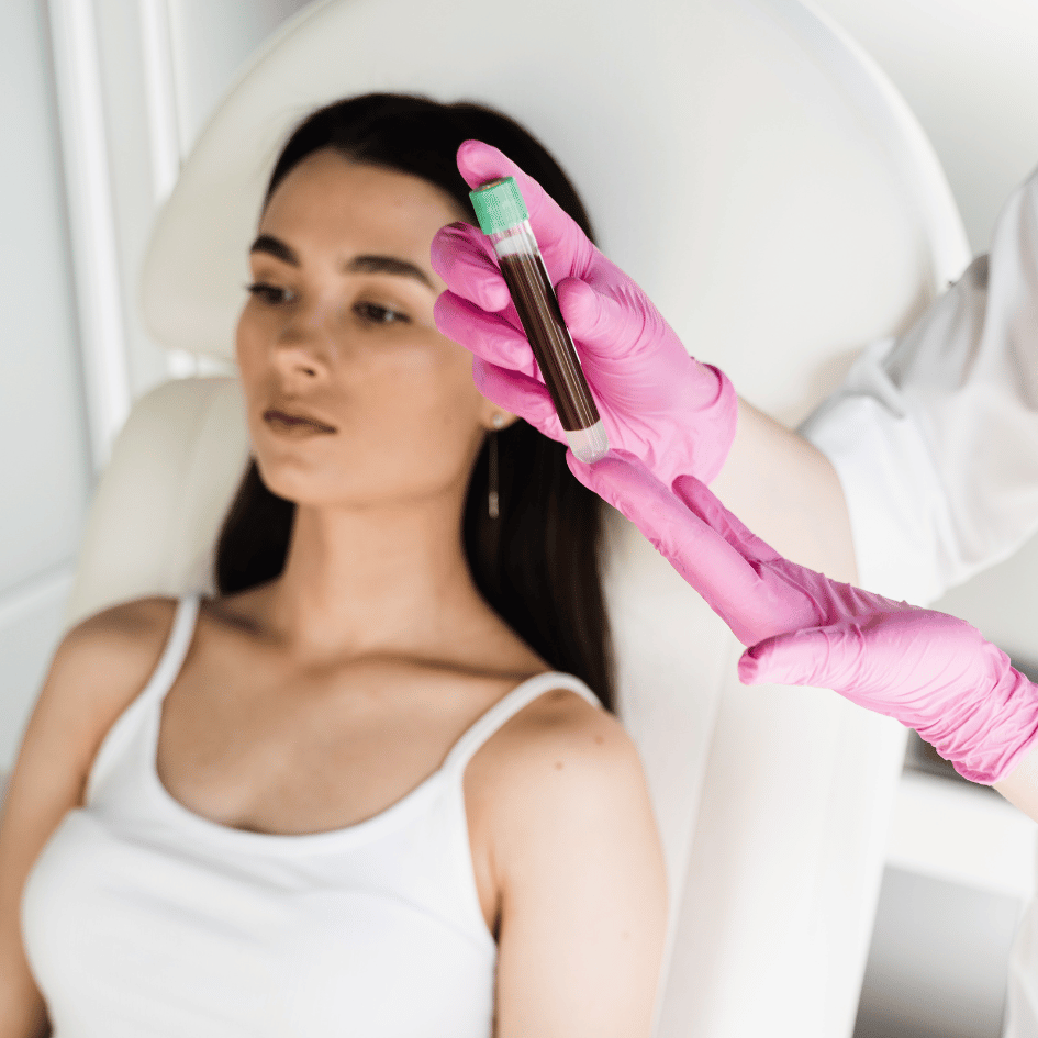 This image shows a woman with her eyes closed, sitting back comfortably. She's wearing a white tank top, and you can see her dark hair and earrings. In front of her, there's a hand with pink gloves holding a test tube with a green cap. The test tube has a dark red liquid at the bottom. It looks like this could be part of a PRP therapy session. The pink gloves are clean and the person is holding the test tube very carefully, right in the air in front of the woman's face. The background is soft and white. This helps us focus on the test tube and the PRP therapy process. PRP therapy uses parts of the blood to help heal the body in different ways.