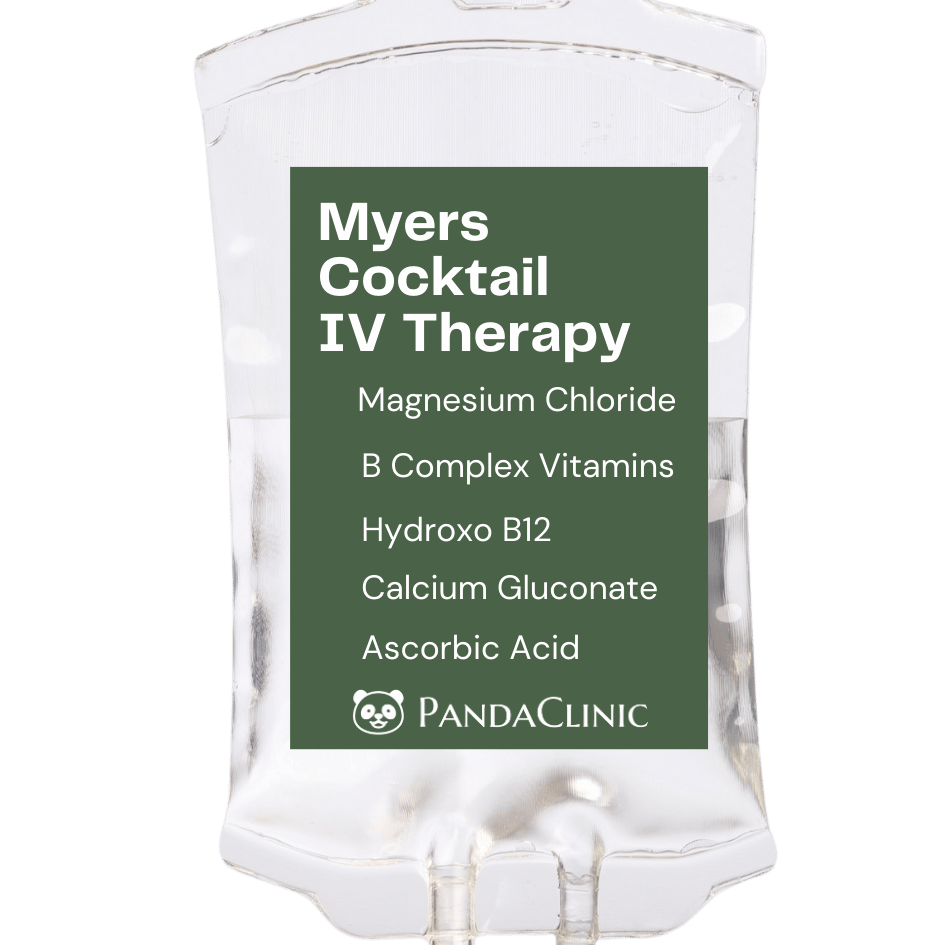 Image of Myers Cocktail IV Therapy bag with clear solution. Panda Clinic offers Myers Cocktail IV Therapy in Burnaby, featuring Magnesium Chloride, B Complex Vitamins, Hydroxo B12, Calcium Gluconate, and Ascorbic Acid. Boost your energy, improve your immune system, and enhance overall wellness with our Myers Cocktail IV Therapy. Visit Panda Clinic in Burnaby for high-quality and effective IV treatments. Our clinic provides the best Myers Cocktail IV Therapy in Burnaby to help you feel refreshed and revitalized. Schedule your Myers Cocktail IV Therapy session today at Panda Clinic in Burnaby.