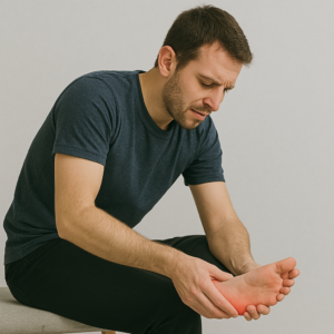 Man holding foot in pain due to plantar fasciitis – seeking RMT treatment in Burnaby for foot and heel relief.