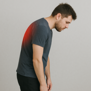 Young man with rounded shoulders and slouched posture experiencing upper back pain – candidate for posture correction through RMT in Burnaby.