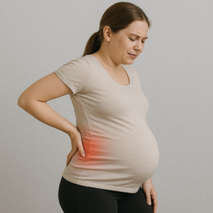 Pregnant woman experiencing lower back and hip muscle pain – ideal candidate for prenatal massage therapy in Burnaby.
