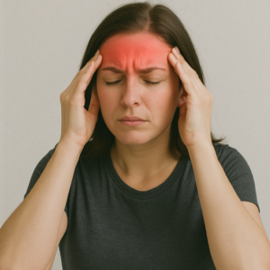 Woman experiencing a migraine with red pain highlight on forehead, used to promote RMT Metrotown services focused on headache and tension relief through registered massage therapy.