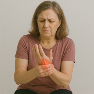 Senior woman experiencing wrist pain, holding her hand in discomfort – ideal candidate for RMT treatment in Burnaby.