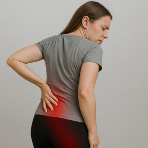 Woman holding lower back in pain with red highlight down her leg – showing signs of sciatica, treatable with RMT in Burnaby.