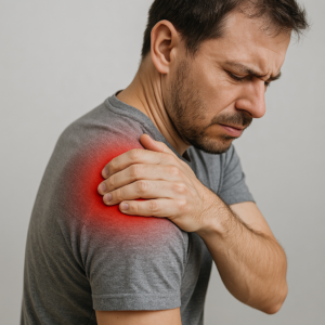 Man holding shoulder in visible pain – suffering from shoulder tension or injury, ideal for RMT treatment in Burnaby.