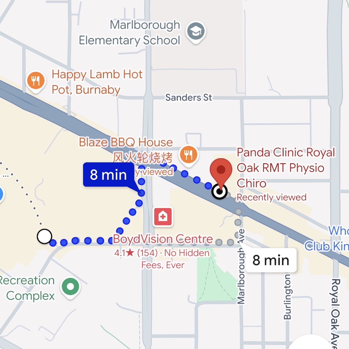 top down shot of google maps showing 5 minute walking time from metrotown to panda clinic
